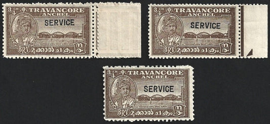 (AOP India Travancore Off 1942 3/4ch perf 11, 12.5 & compound unused SG O104/b/d