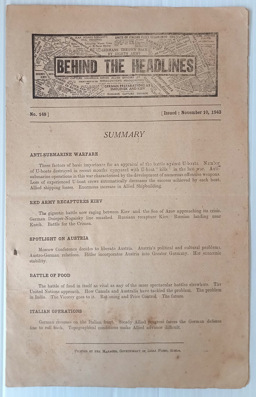 India 1943 WW2 Propaganda rag BEHIND THE HEADLINES RED ARMY RECAPTURES KIEV 8pgs