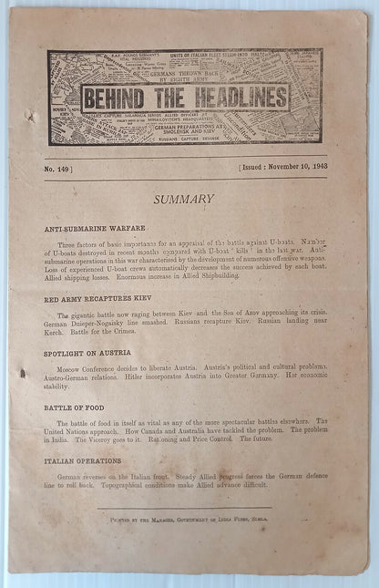 India 1943 WW2 Propaganda rag BEHIND THE HEADLINES RED ARMY RECAPTURES KIEV 8pgs