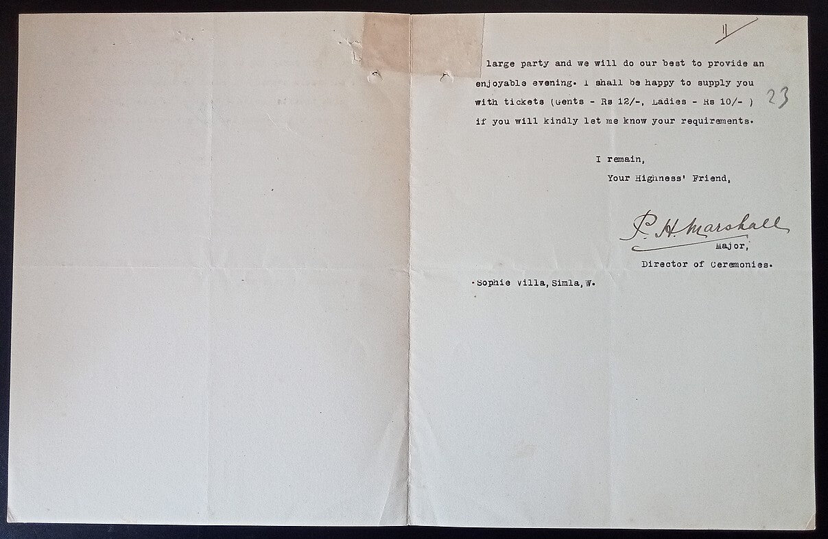 India MASONIC crested letter re: Annual Ball - Viceroy may attend
