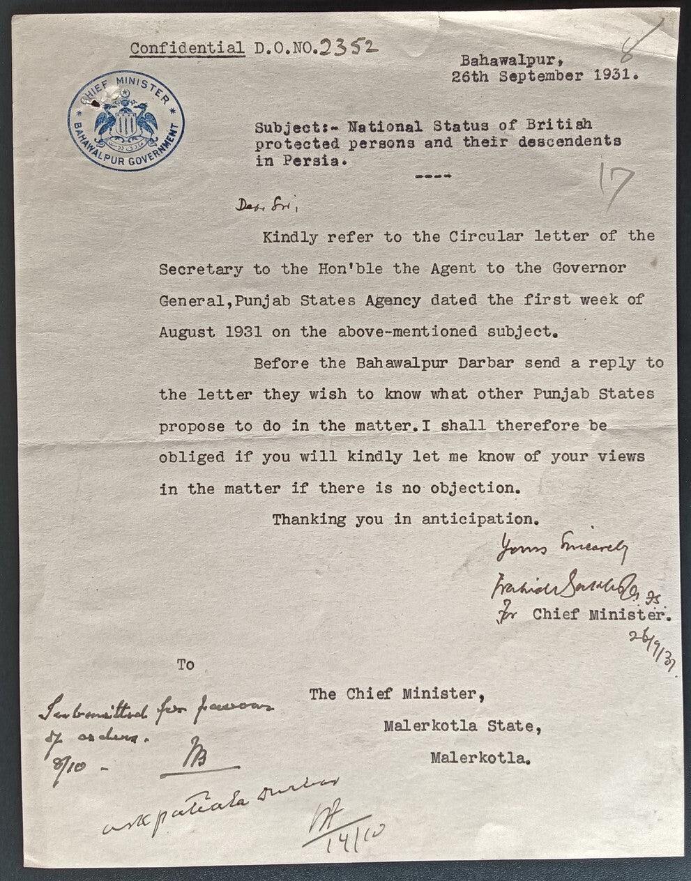 India 1931 crested letter CHIEF MINISTER / BAHAWALPUR GOVERNMENT