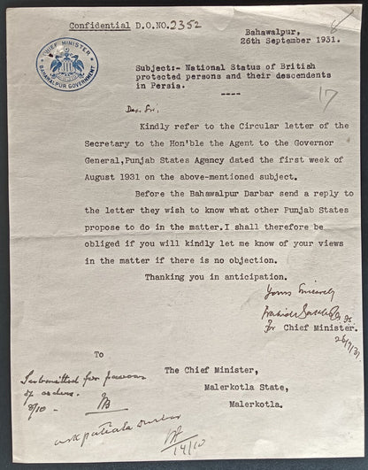 India 1931 crested letter CHIEF MINISTER / BAHAWALPUR GOVERNMENT