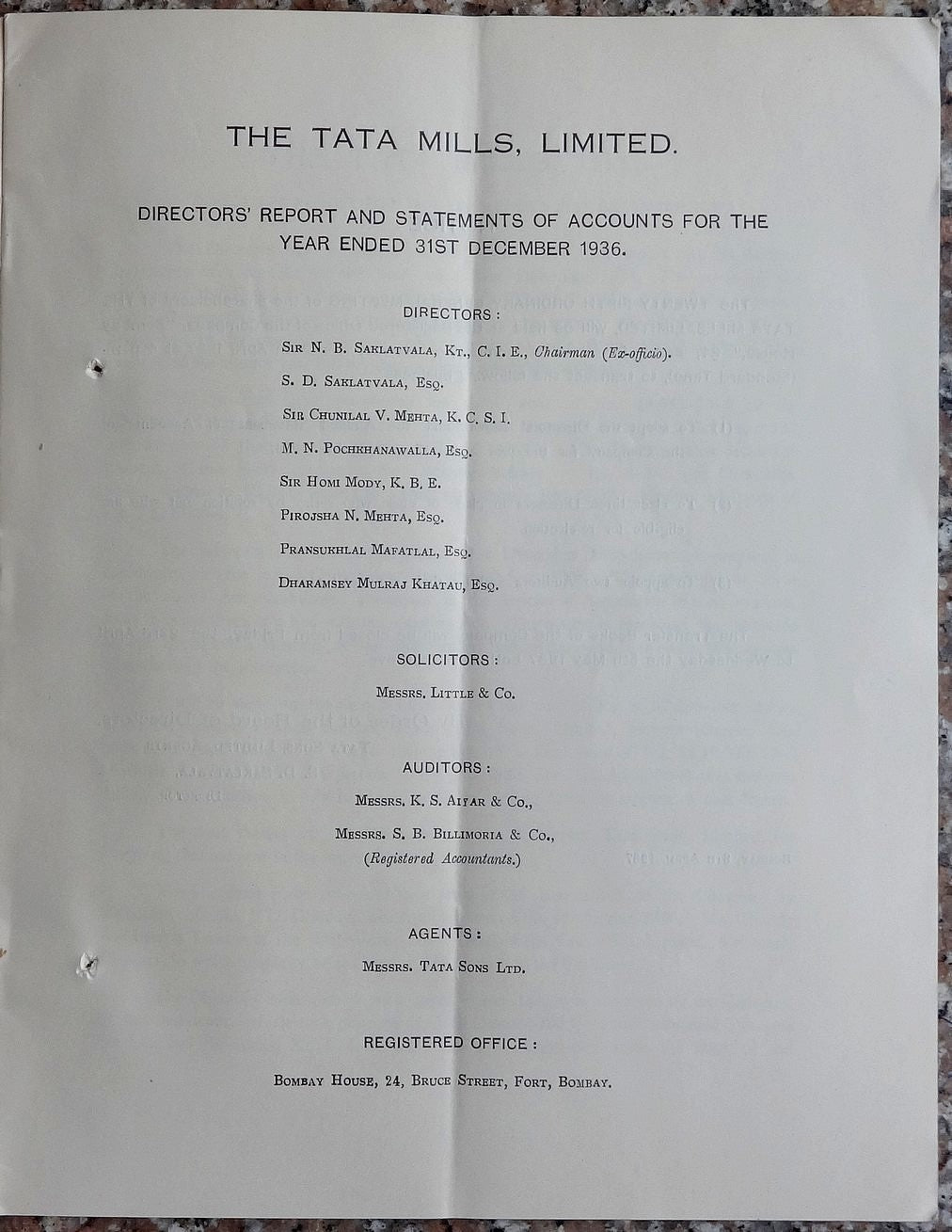 India 1936 THE TATA MILLS LTD Annual Report 23pgs