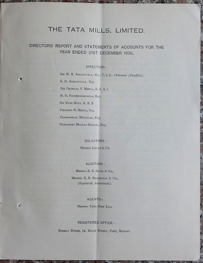 India 1936 THE TATA MILLS LTD Annual Report 23pgs