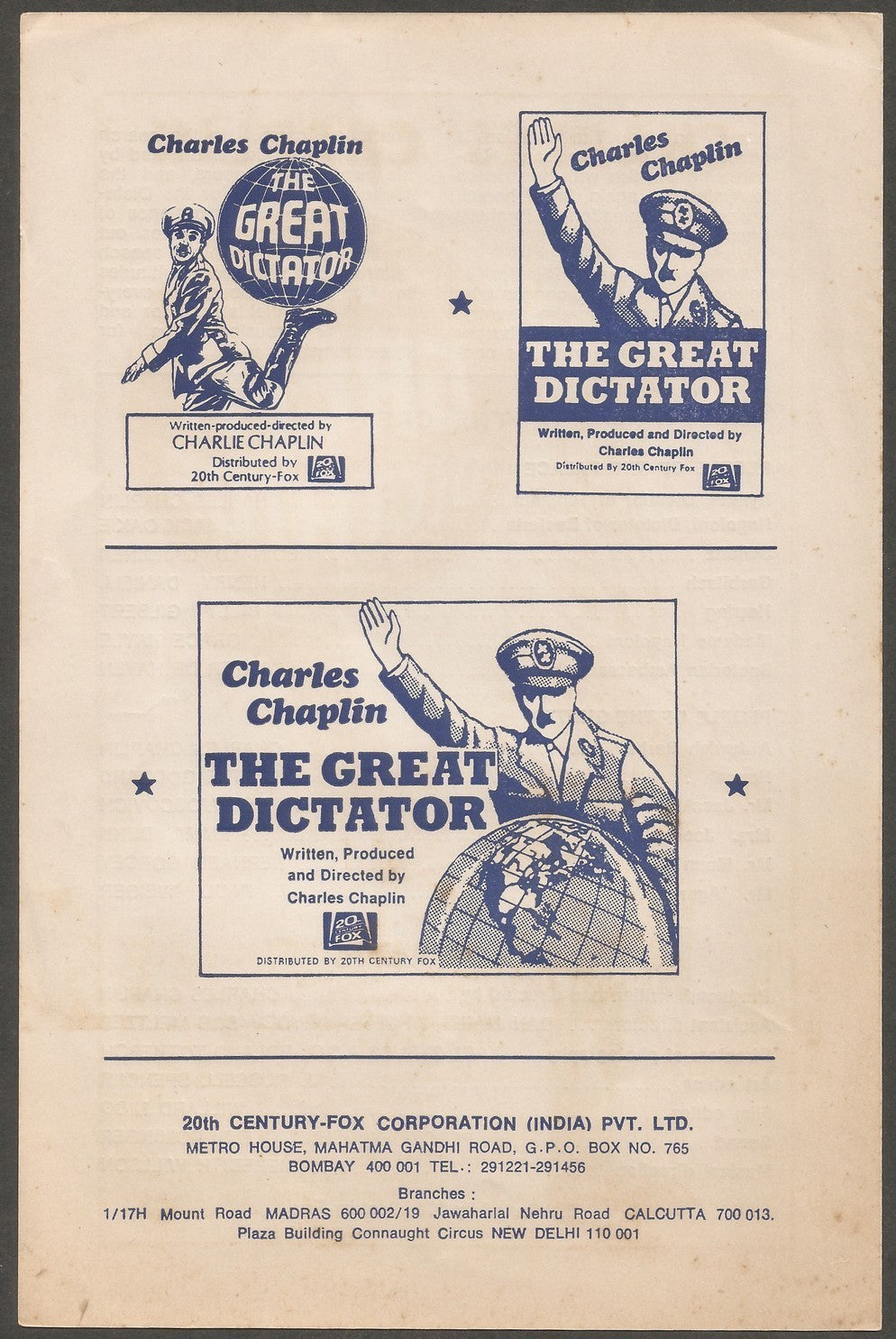 India herald for 1970s release of 1940 THE GREAT DICTATOR Chalie Chaplain