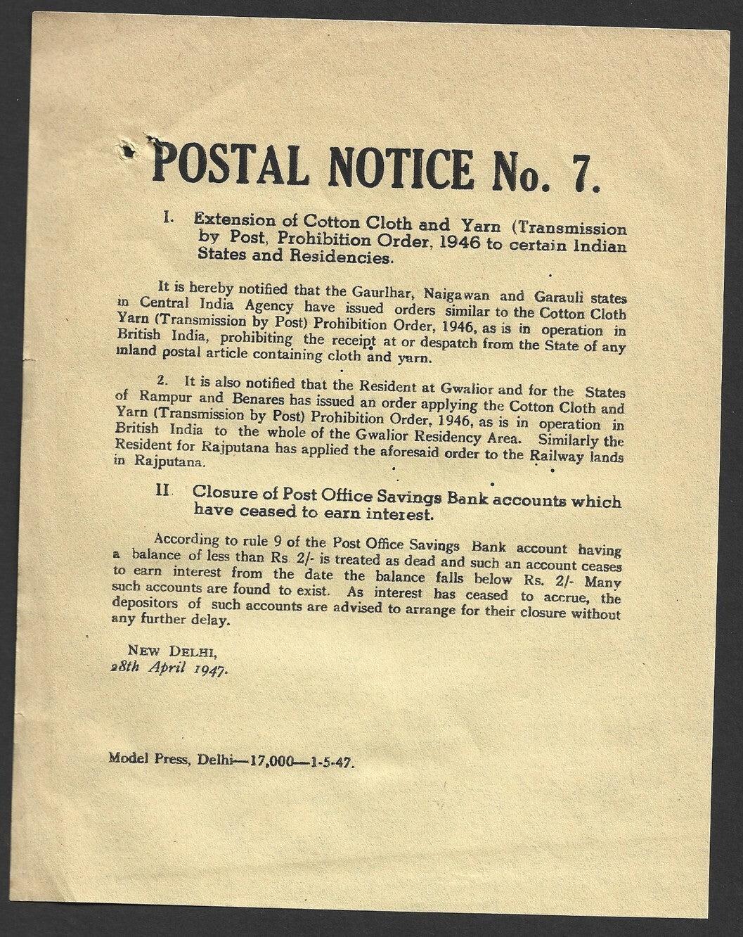 India POSTAL NOTICE No. 7 8th April 1947 Multiple subjects