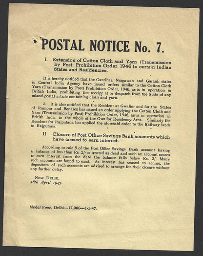 India POSTAL NOTICE No. 7 8th April 1947 Multiple subjects