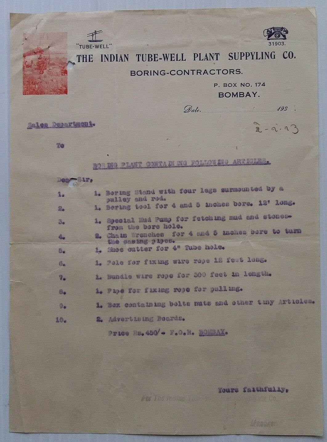 Indian Tube - Well Plant Supplying Co letterhead and advertisement