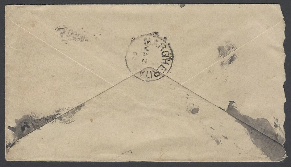 AOPIMT India QV 1/2a blue envelope to MARGHERITA 1888