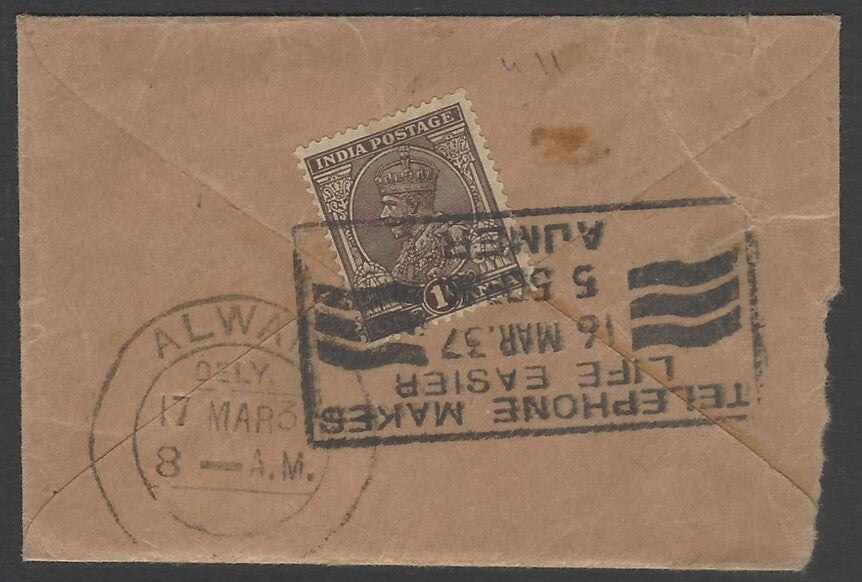AOP India 1937 miniature envelope canc. AJMER slogan to Alwar