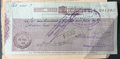 India 1948 Post Office MONEY ORDER / PAYMENT ORDER check cheque