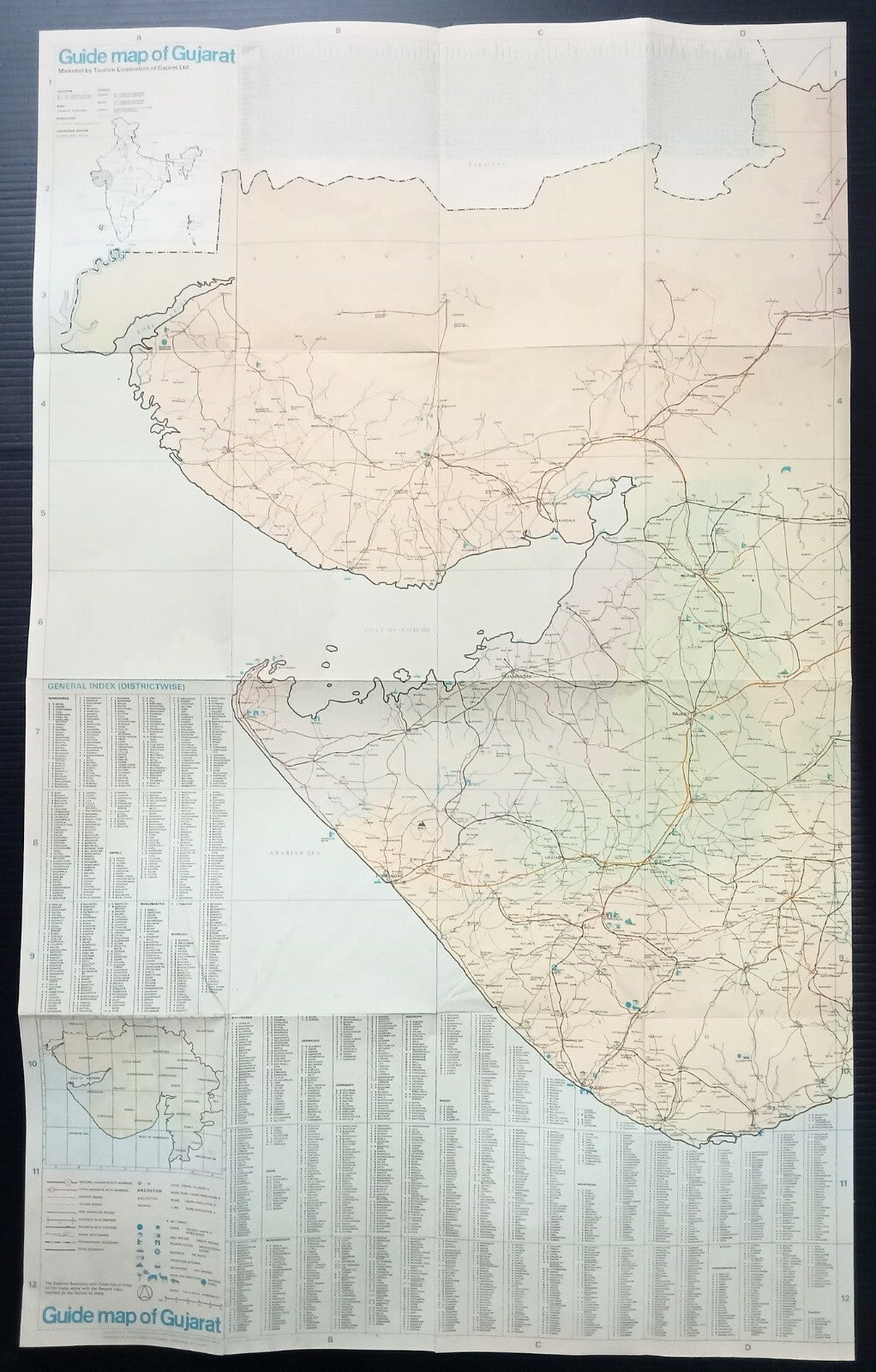 AOP India vintage tourist brochure GUIDE MAP OF GUJARAT 52x85cm