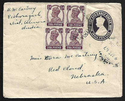 AOP India KGVI 1 1/2a envelope uprated KGVI 1/2a block of 4 to USA