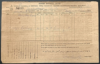 India Bombay Baroda & Central India Railway goods receipt 1908