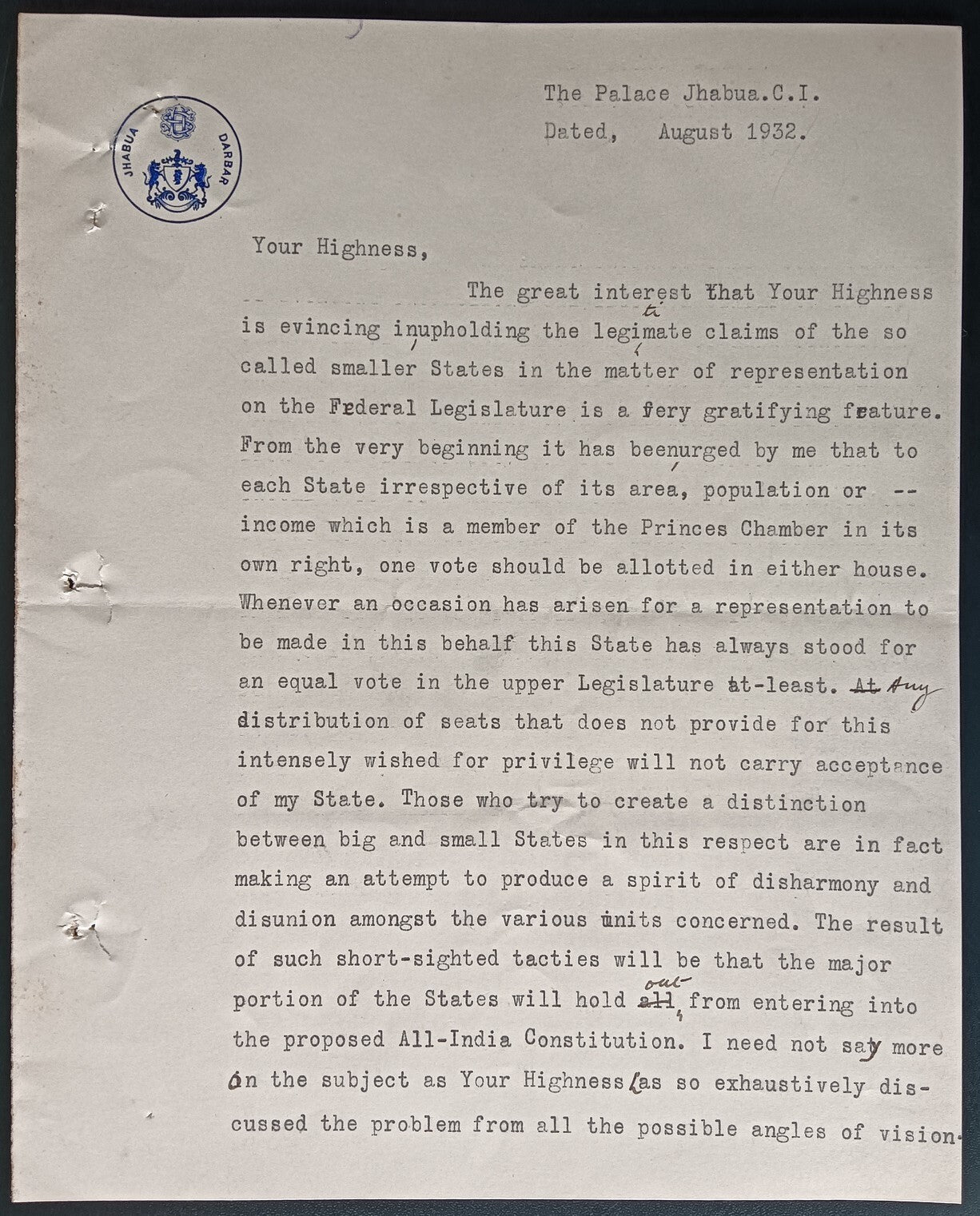 India 1932 crested letter signed RAJA of JHABUA STATE Udai Singh