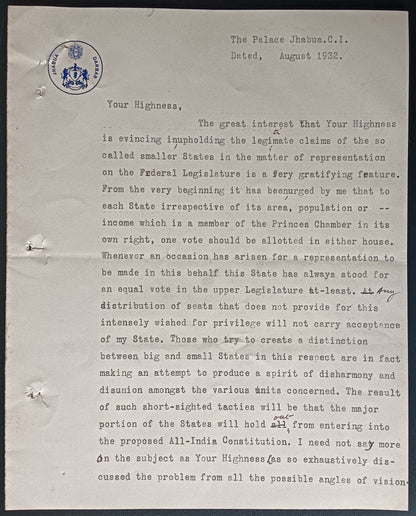 India 1932 crested letter signed RAJA of JHABUA STATE Udai Singh