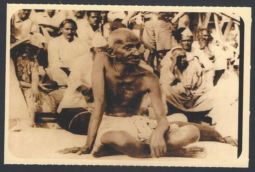 AOP India full back pictorial 50p Gandhi postal card GANDHI sitting 