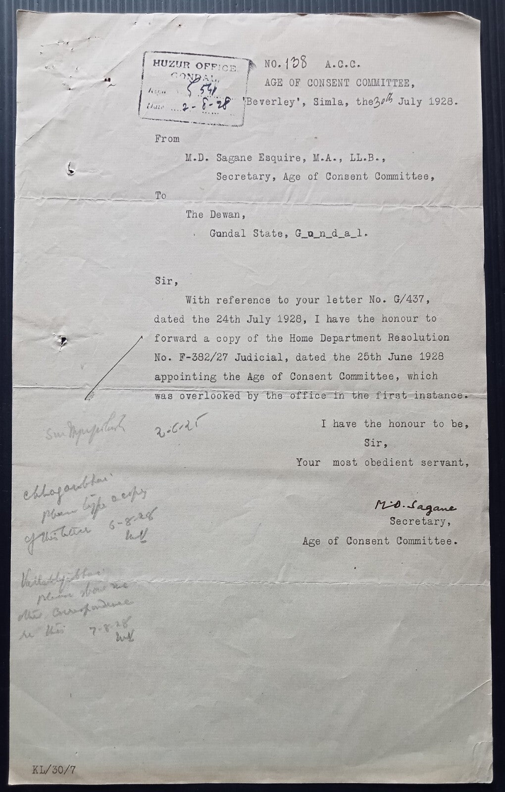 India 1928 official Correspondence re: raising the age of sexual consent to 14