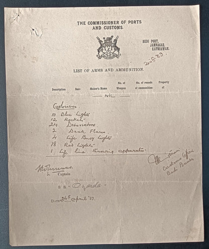 India 1937 Navlakhi Port Morvi SS OZARDA Captan signed Arms List