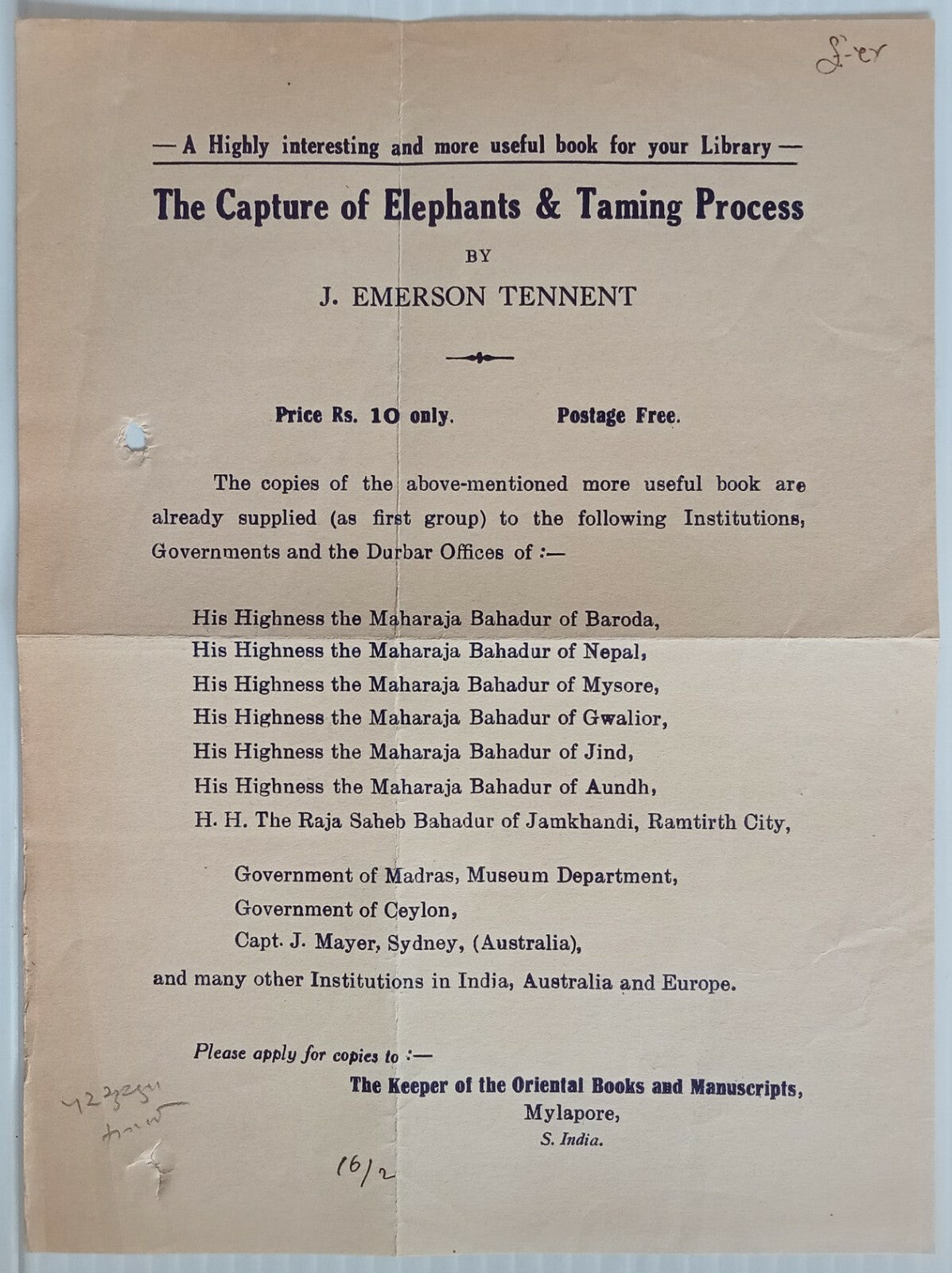 AOP India The Capture of Elephants & Taiming Process by J. Emerson Tennent