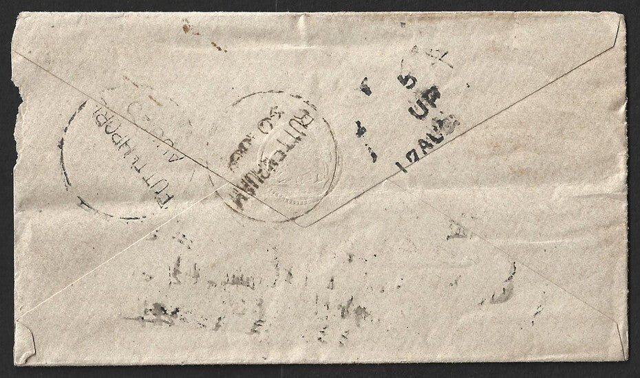 AOP India QV env 1/2a blue env - 4 line unframed TPO "T/2  5/7 UP/17 AUG" 1870s