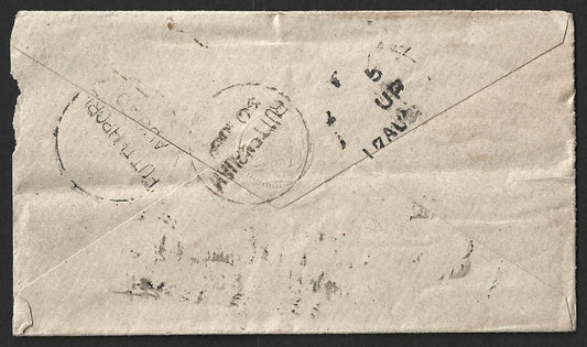 AOP India QV env 1/2a blue env - 4 line unframed TPO "T/2  5/7 UP/17 AUG" 1870s