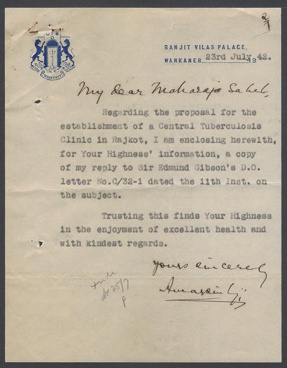 AOP India Wankaner State crested letter re: Tubercolosis Fund 1942