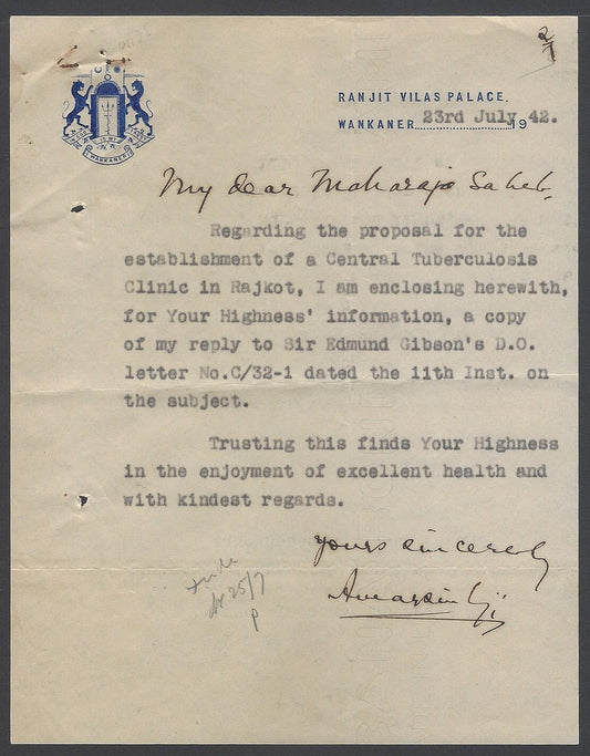 AOP India Wankaner State crested letter re: Tubercolosis Fund 1942