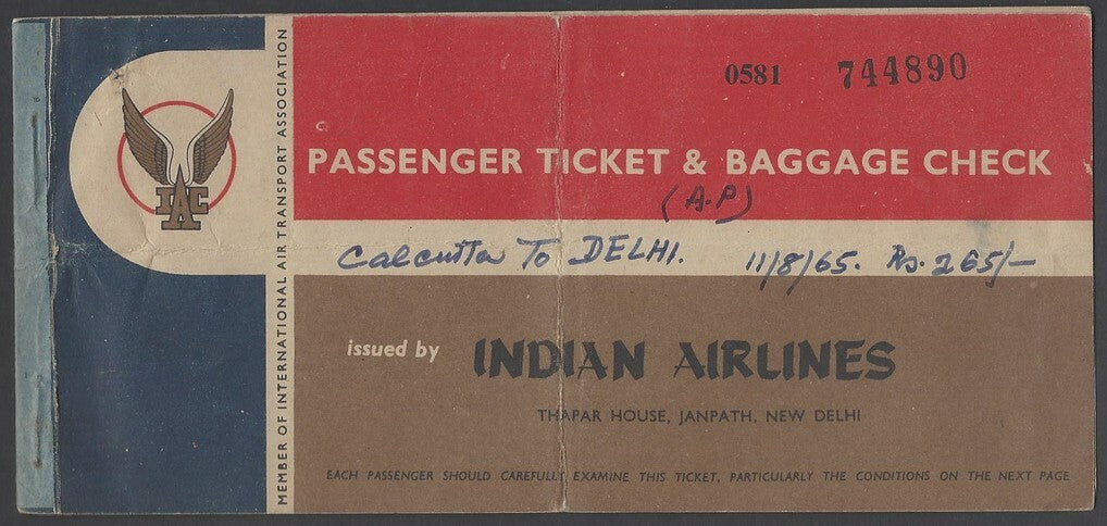 AOPIMT India Indian Airlines 1965 Passenger Ticket Calcutta To Delhi 