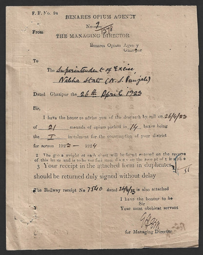 India BENARES OPIUM AGENCY 1923 shipping bill