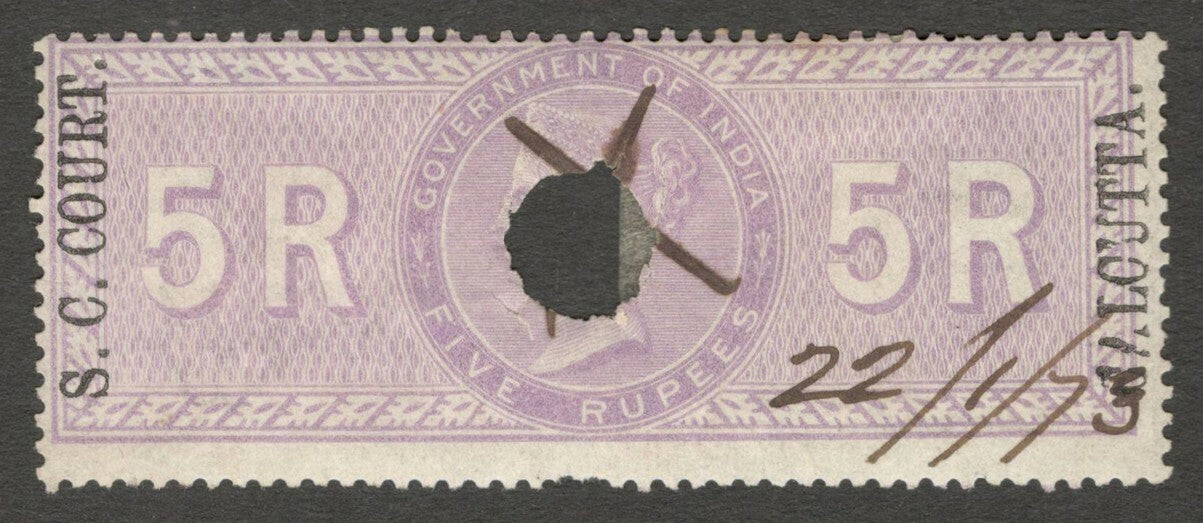 AOP India 1868-69 S C COURT CALCUTTA ovpt on SPECIAL ADHESIVE 5R used. Bft 68