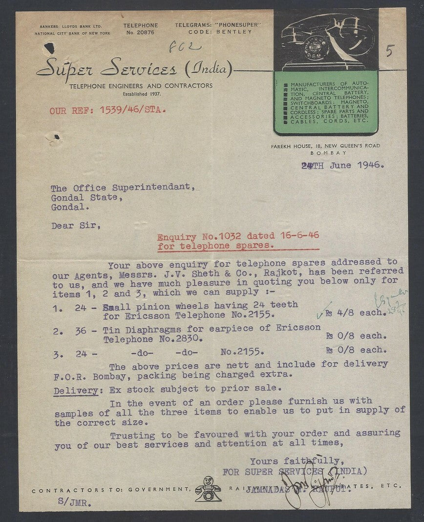 AOP Telephone Engineers Bombay 1946 illustrated letterhead India