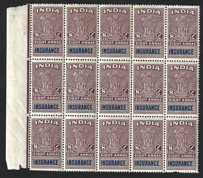 India revenue - 1948 Insurance (star watermark) 8a MNH block of 15