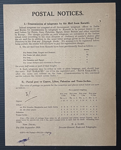 India POSTAL NOTICE 25th Sep. 1930 Telegrams by Air Mail from Karachi