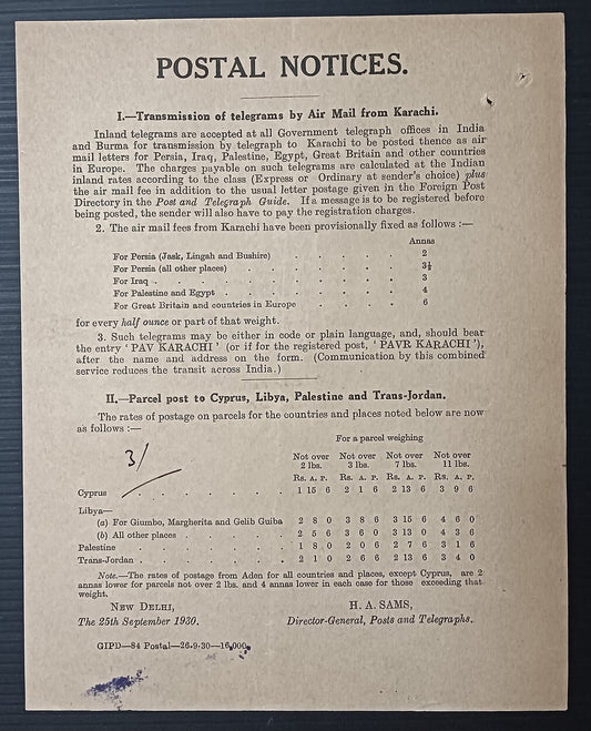 India POSTAL NOTICE 25th Sep. 1930 Telegrams by Air Mail from Karachi