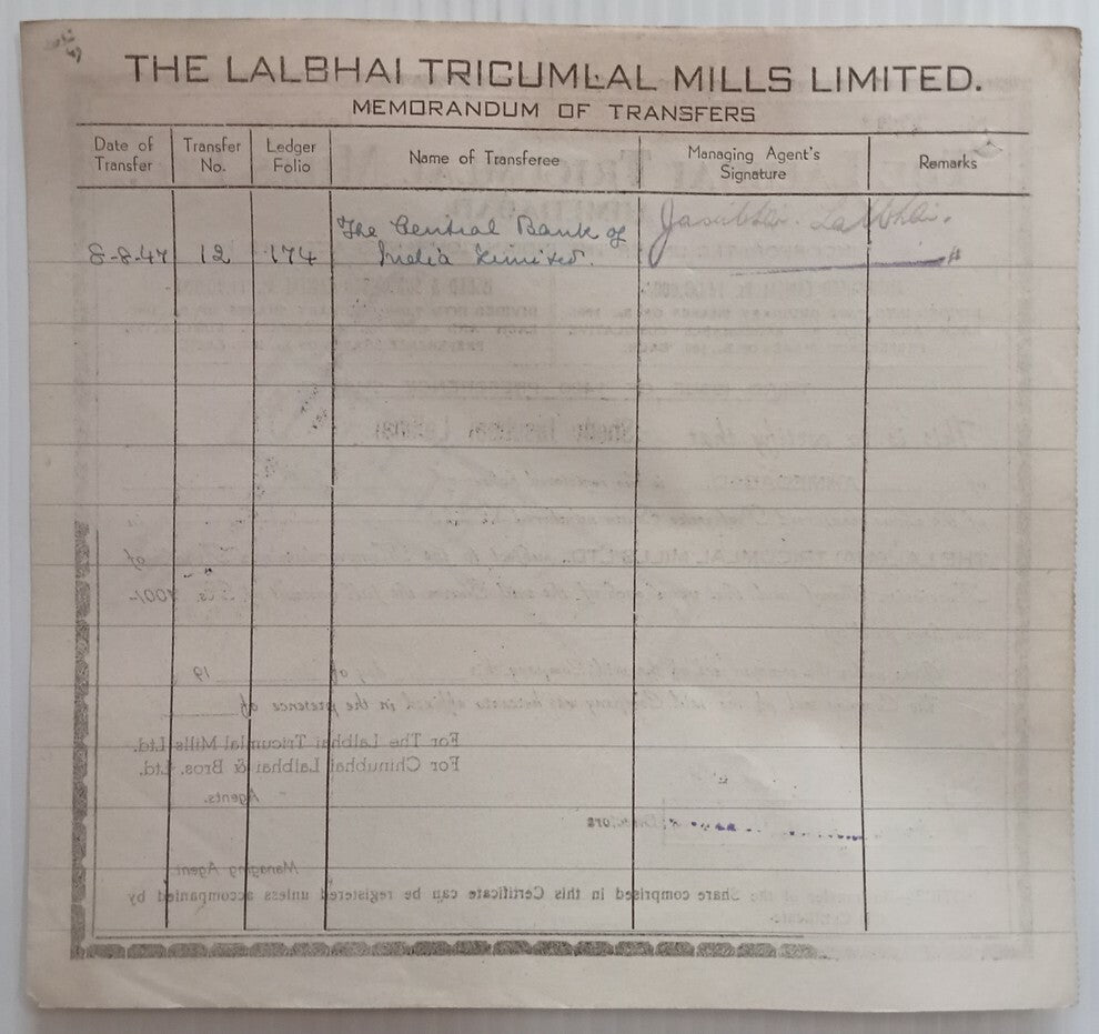 India 1947 The Lalbhai Tricumlal Mills Ltd Ahmedabad share certificate