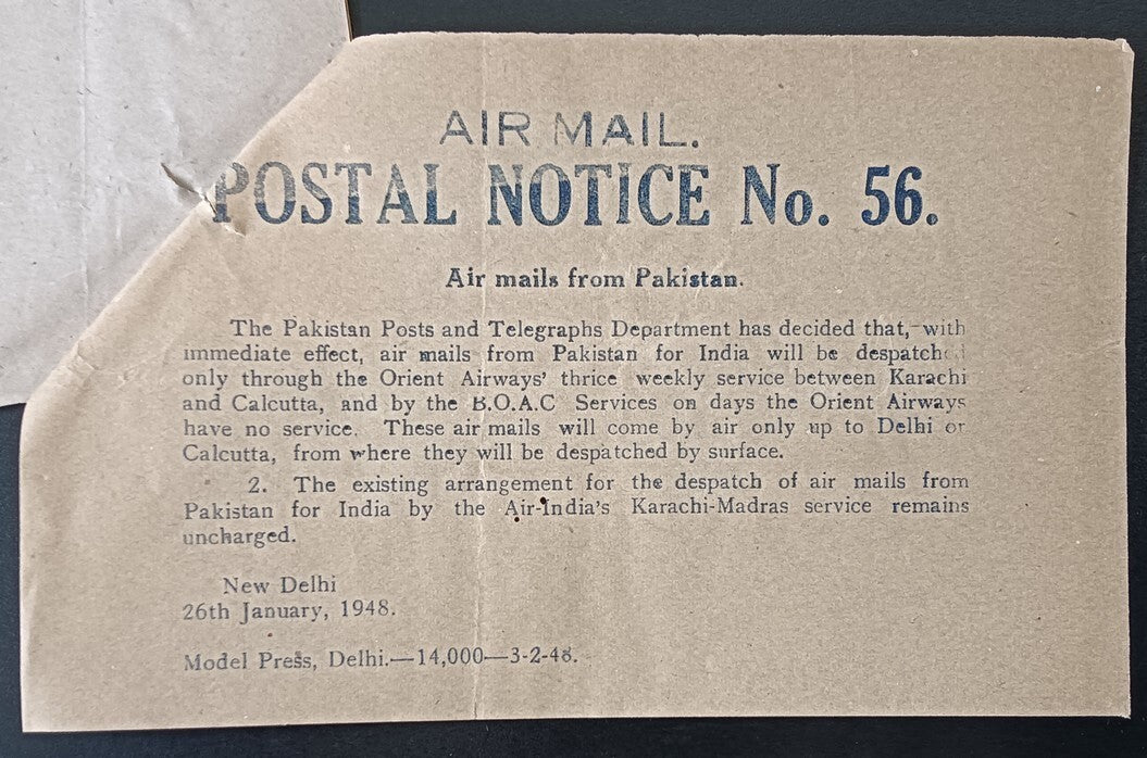 India POSTAL NOTICE No. 58 26th January 1948 Air Mails from Pakistan + CIRCULAR