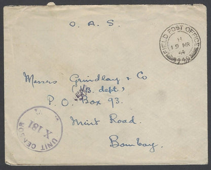 AOP India WW2 1944 On Active Service cover FPO 449 & Unit Censor X 181