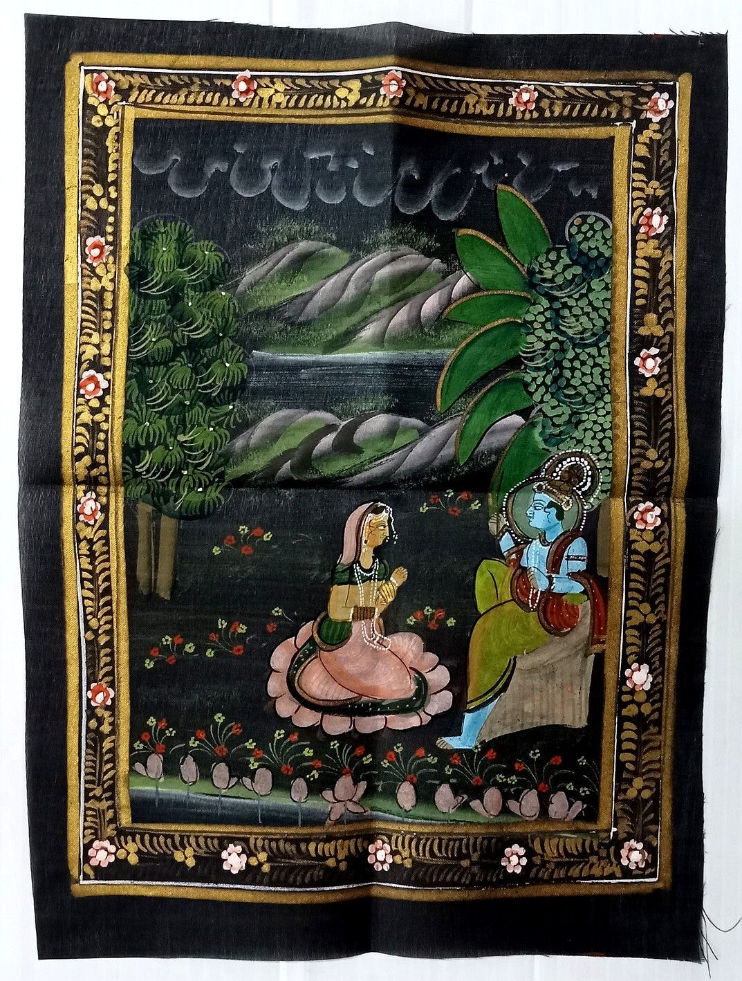 India Radha & Krishna hand painted on black cloth 22 x32 cm