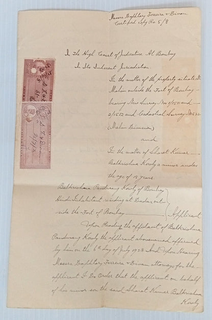 AOP India 1928 4 pages Certified copy of Judges order with KGV Court Fee 8a & 5R