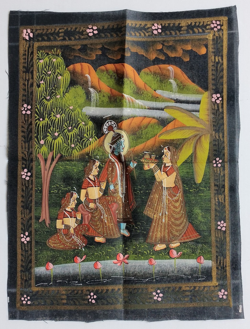 India vintage hand painting on cloth RADHA, KRISHNA & 2 GOPIS 9 x 12 inches