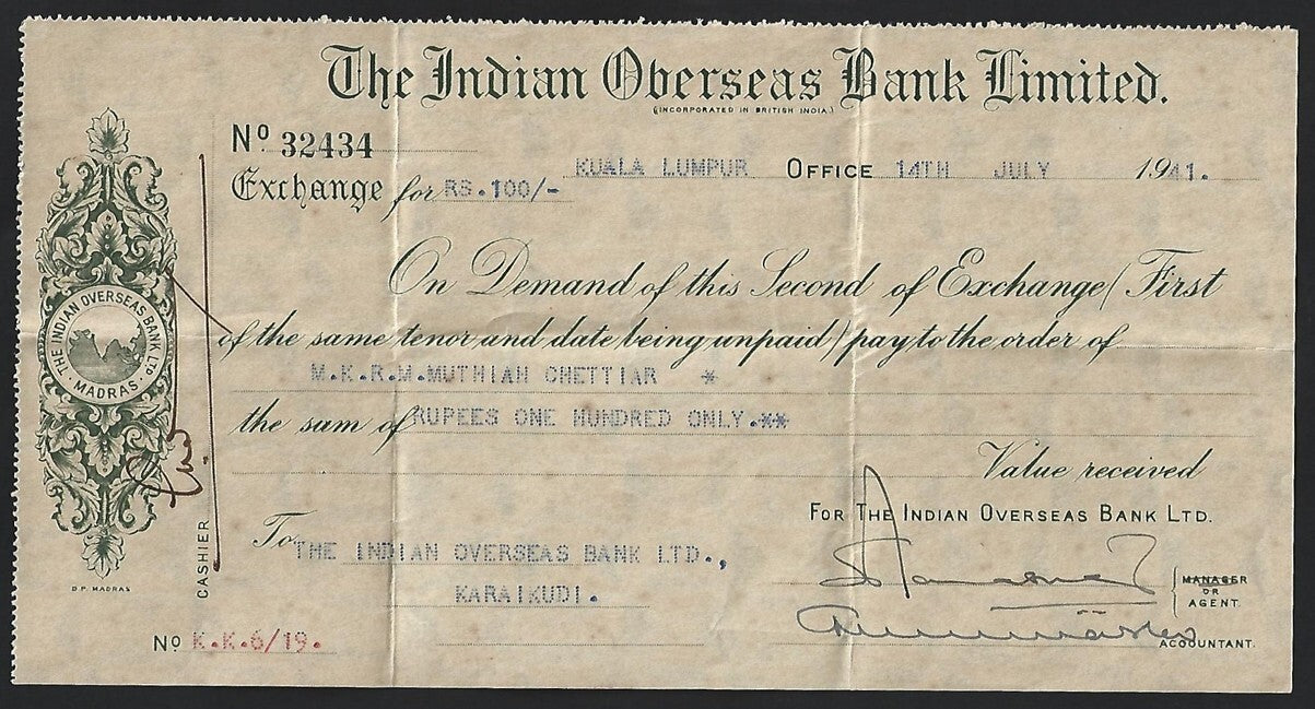 (AOP) Malaya THE INDIAN OVERSEAS BANK, Kuala Lumpur 1941 check cheque