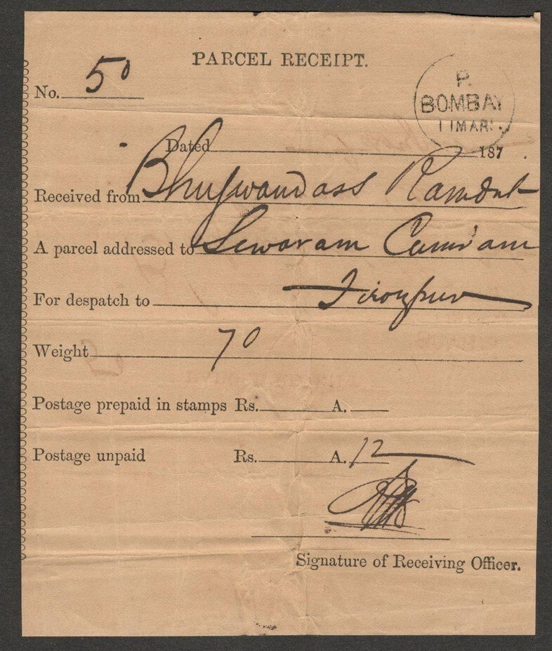 AOP India PARCEL RECEIPT canc. BOMBAY 1870s