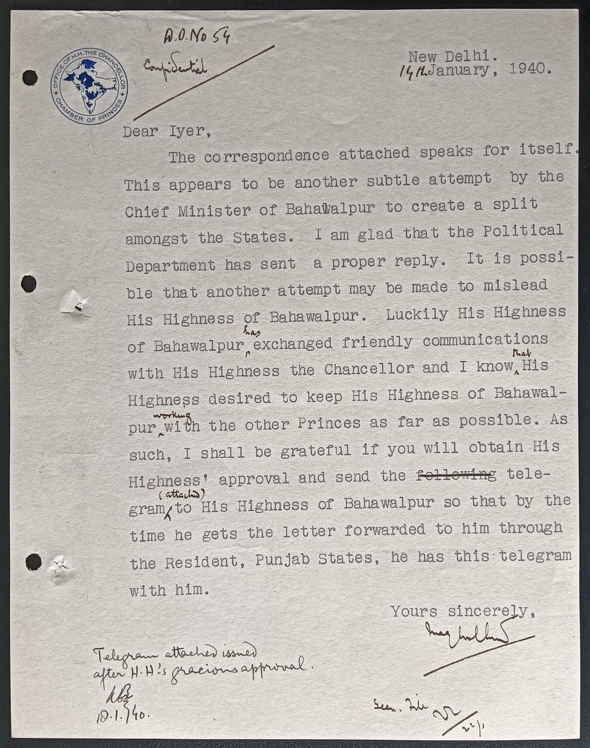 India 1940 crested letter EMIR OF BAHAWALPUR being misled by his Chief Minister