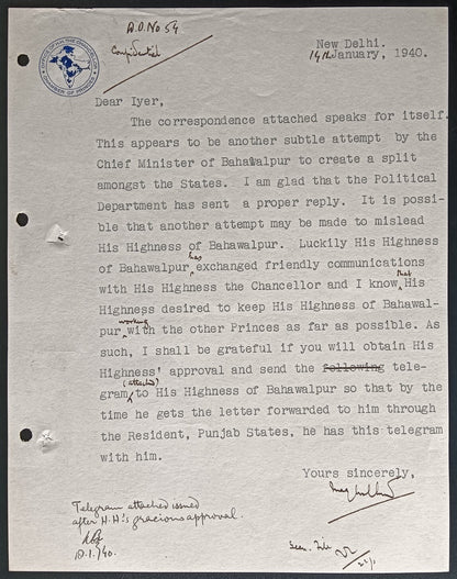 India 1940 crested letter EMIR OF BAHAWALPUR being misled by his Chief Minister