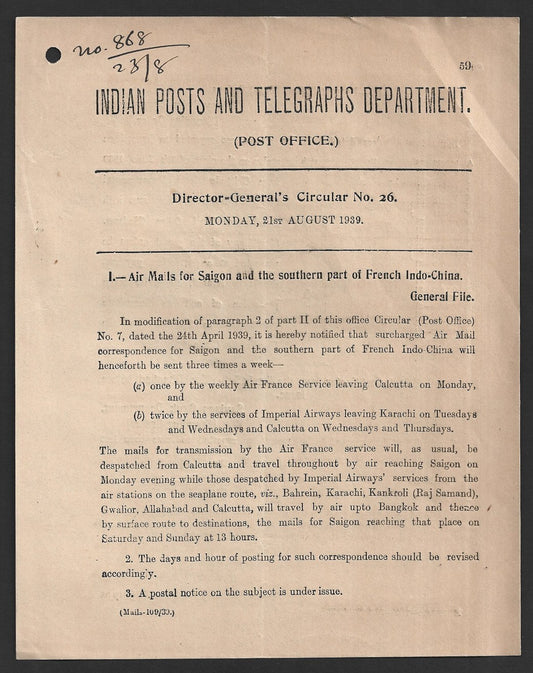 India 1939 POSTAL NOTICE Airmails for Saigon and Souther French Indo-China