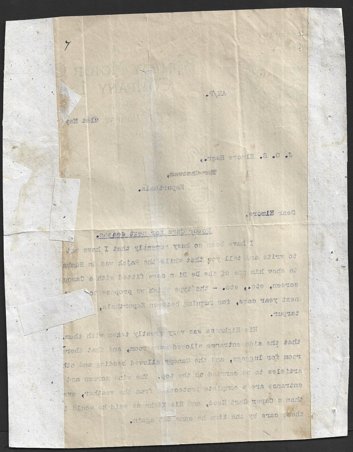 India 1908 BOMBAY MOTOR CAR COMPANY LTD. letterhead