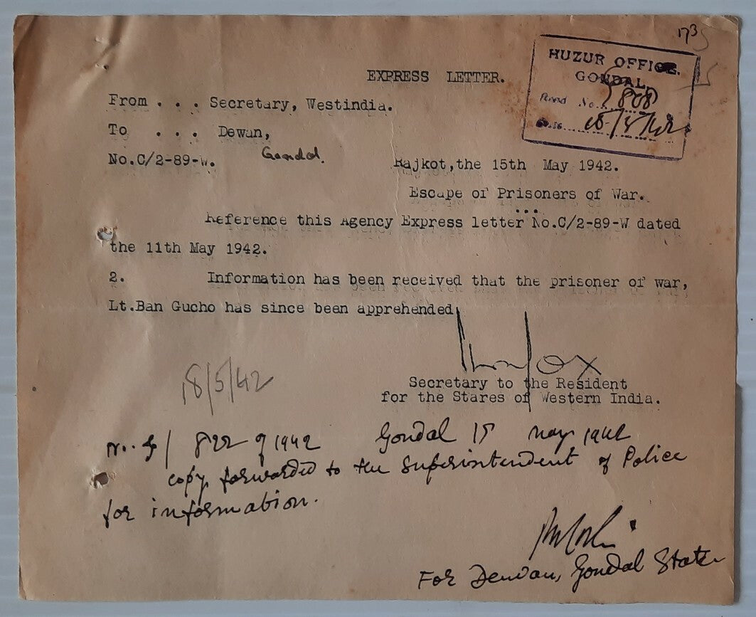 AOP India WW2 1942 letter Apprehension of 1 Italian Prisoners of War, Bhopal Cam
