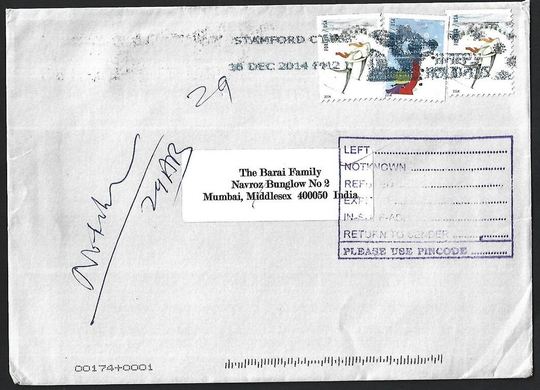 US cover to India with Postage paid with Christmas charity cinderella stamps