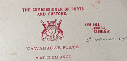 India Navlakhi Port, Morvi 1937 outgoing ship Port Clearance S.S. JALAVEERA